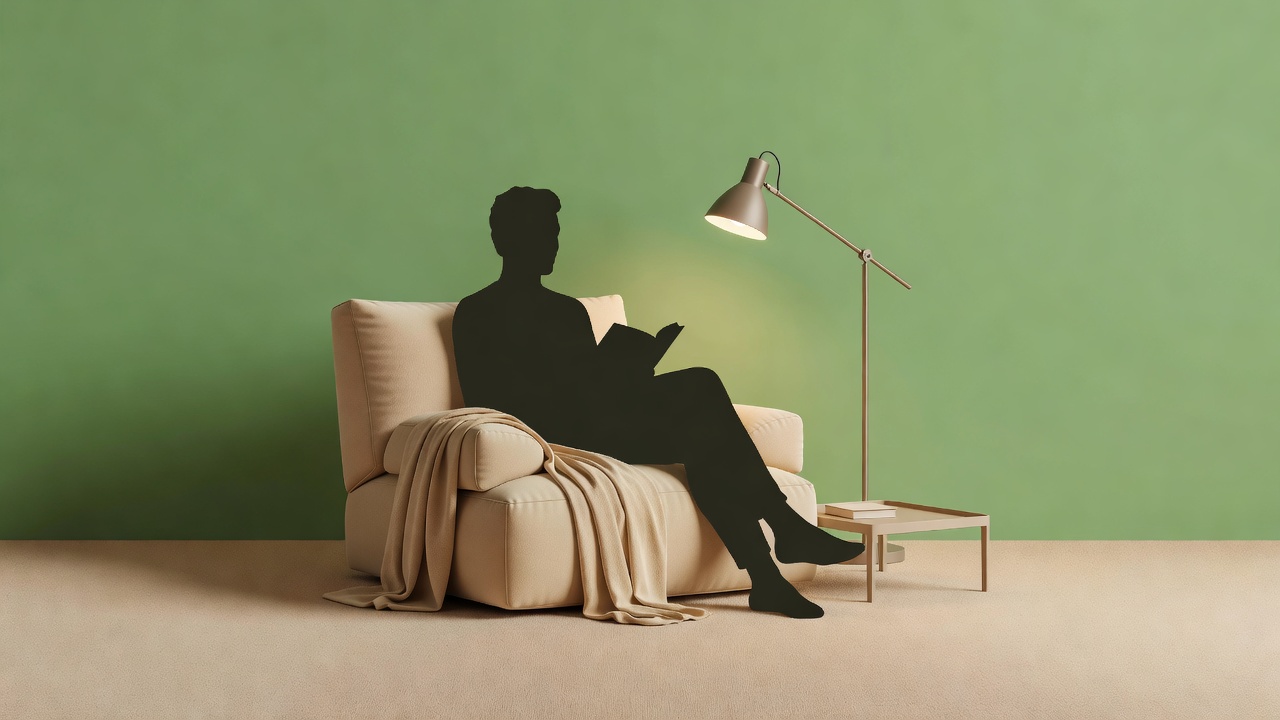 Flat botanical-green and sand reading corner with a seated human silhouette, adjustable task lamp, washable throw and small landing tray