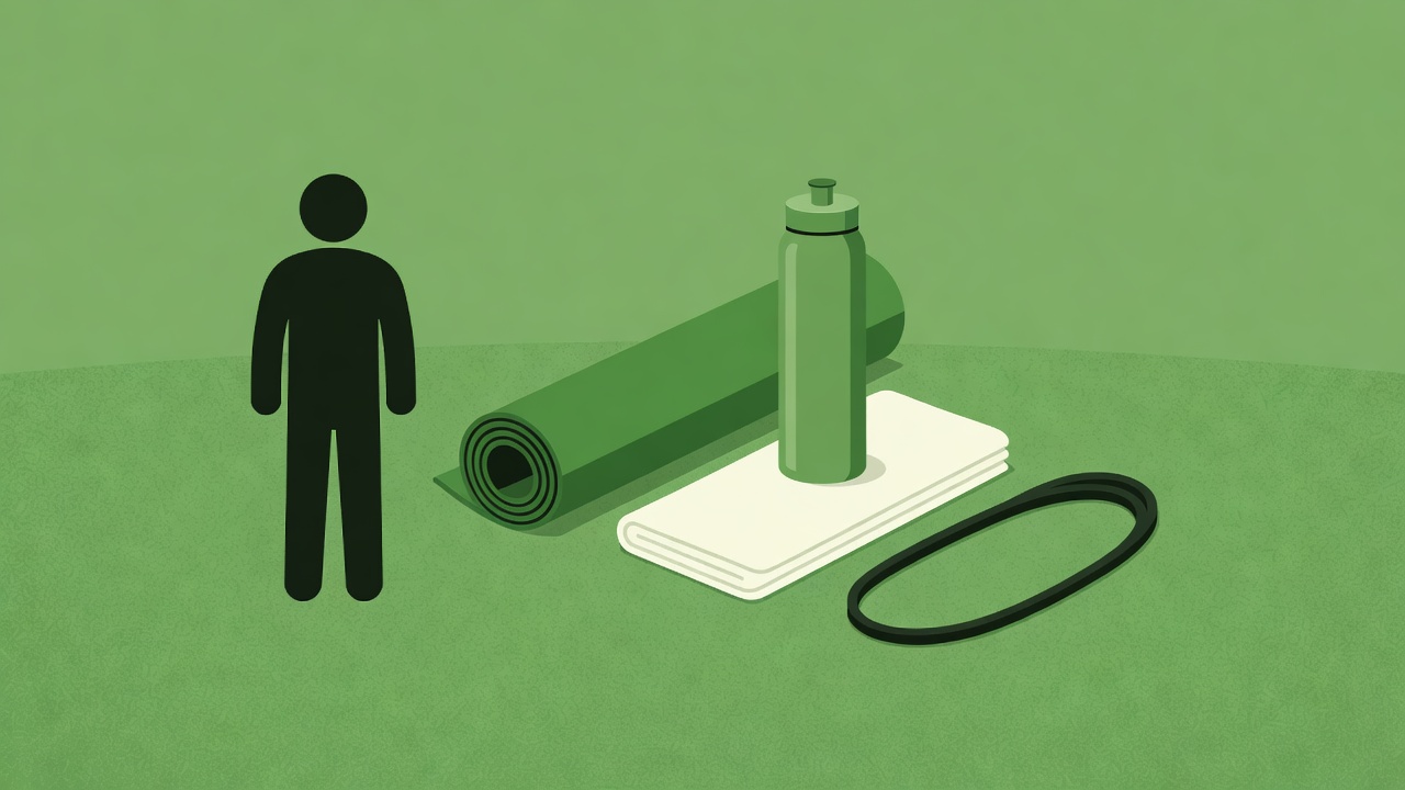 Flat illustration of a simple human silhouette beside a botanical-green exercise mat, refillable bottle, towel and resistance band