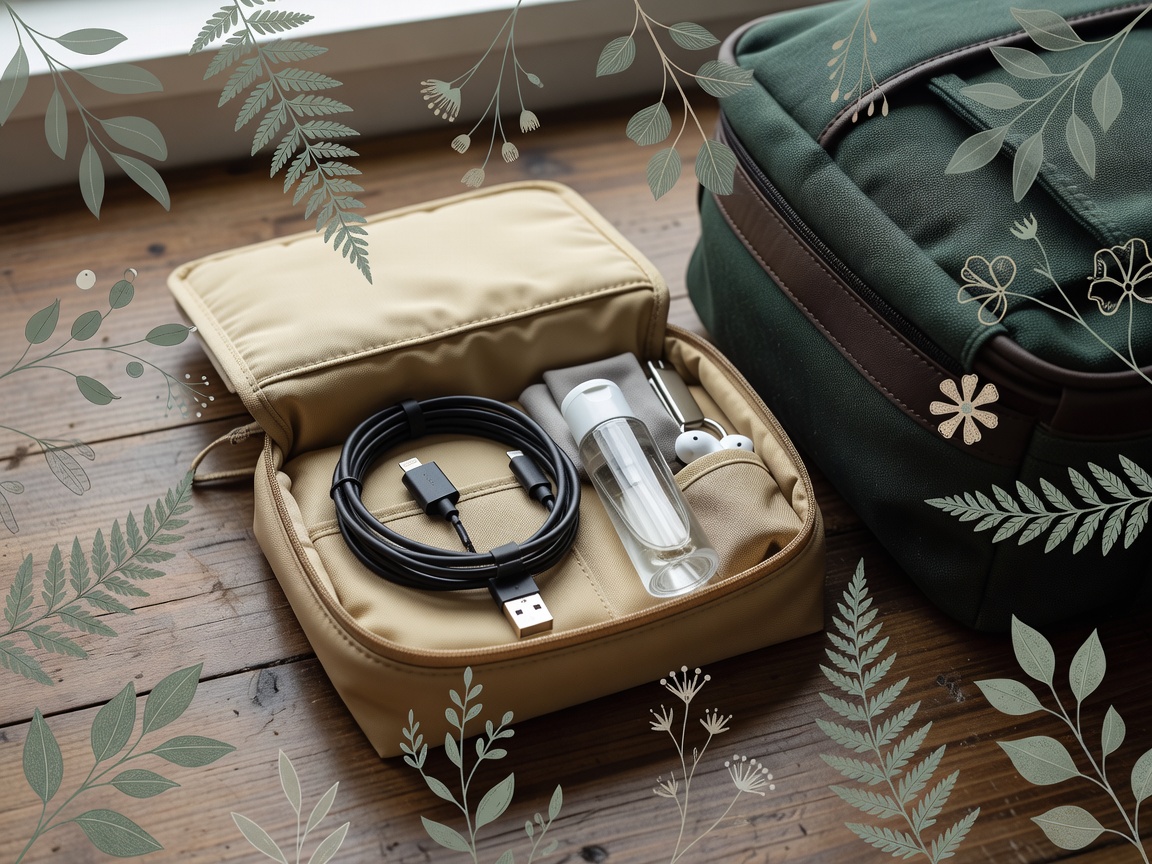 Flat sand and botanical-green illustration of an open travel pouch, folded clothing, bottle and bag beside a traveler silhouette
