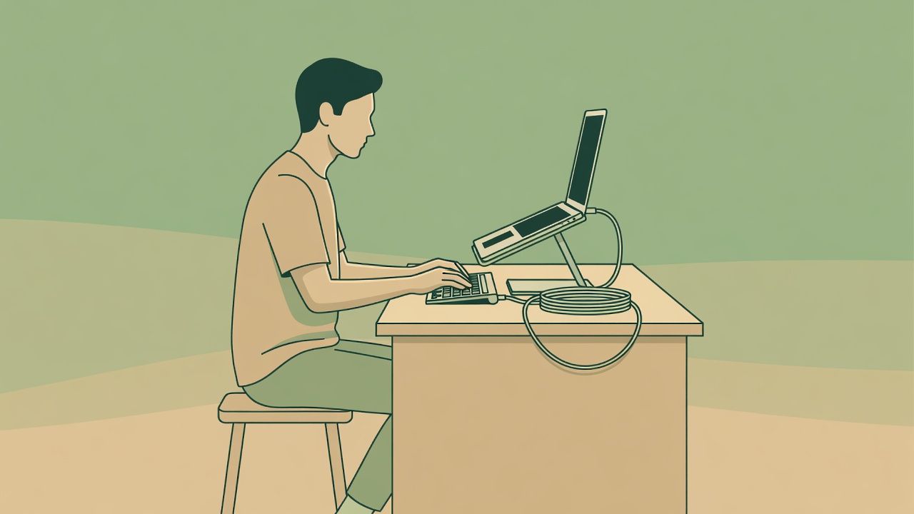 Botanical-green and sand vector illustration of a seated person using a raised laptop with a separate keyboard and organized cable